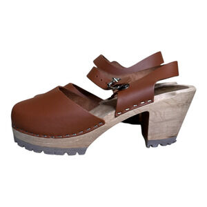 Mia Abby Cognac Brown Leather Wooden 3" Heel Clogs Women's Size  40 US 8.5 NWOT